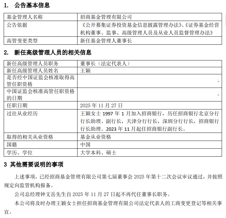 王颖新任招商基金董事长